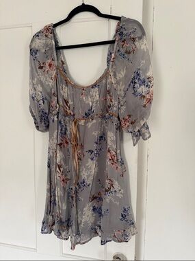Free People Gray Floral Mini Dress with Puff Sleeves